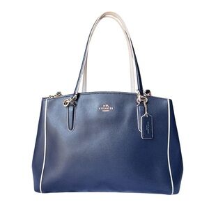 Coach Christie Carryall Tote Bag Crossgrain Leather Navy Cream Colorblock
